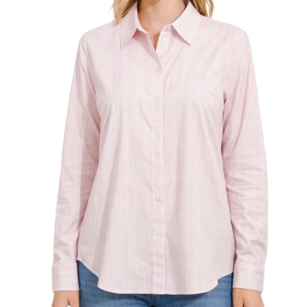Lane Bryant Pink White Striped Button Down Shirt Plus Size 18 Long Sleeve Cotton